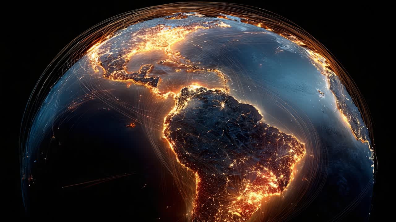 Visão Deslumbrante da Terra à Noite: Uma Vista Cativante de Massas de Terra Iluminadas e Energia Dinâmica Fluindo Pelo Globo