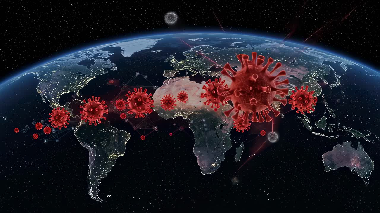 Global spread of virus illustrated through detailed mapping and visual effects showing infection rates across continents