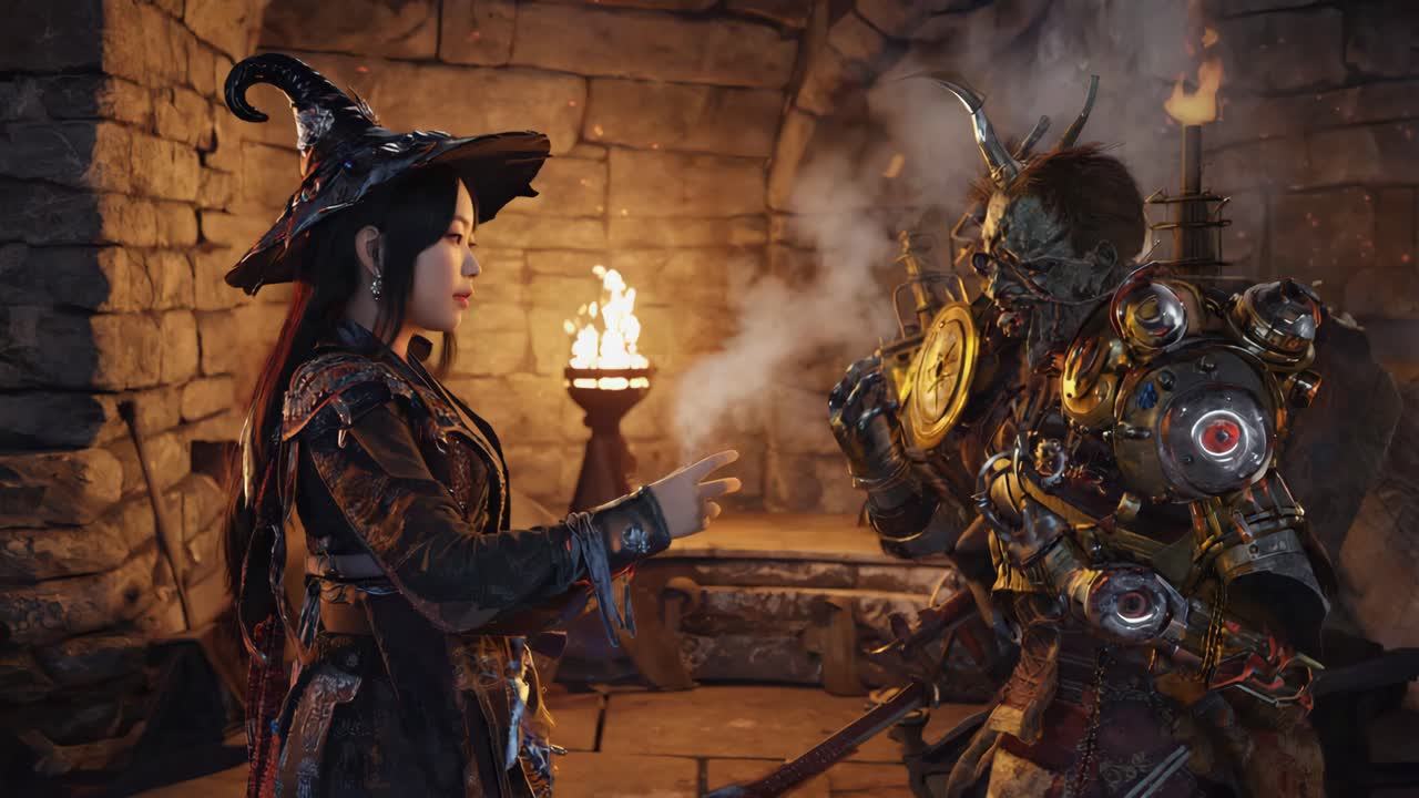 Witch Confronts Steampunk Monster in a Dark Dungeon