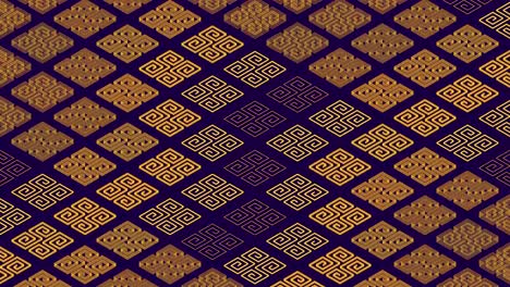 chinese pattern abstract line 3d virtual isometric lighting moving, vintage mix modern technology concept design, glowing on dark blue background seamless looping animation 4k with matte alpha channel