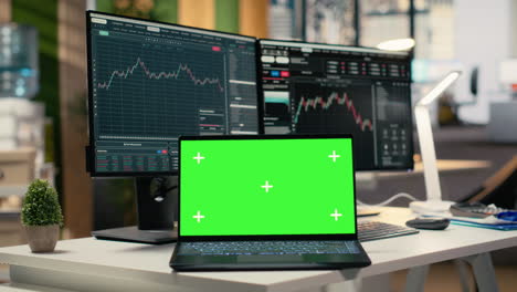 close up of trading software in forex office with graphs on green screen laptop