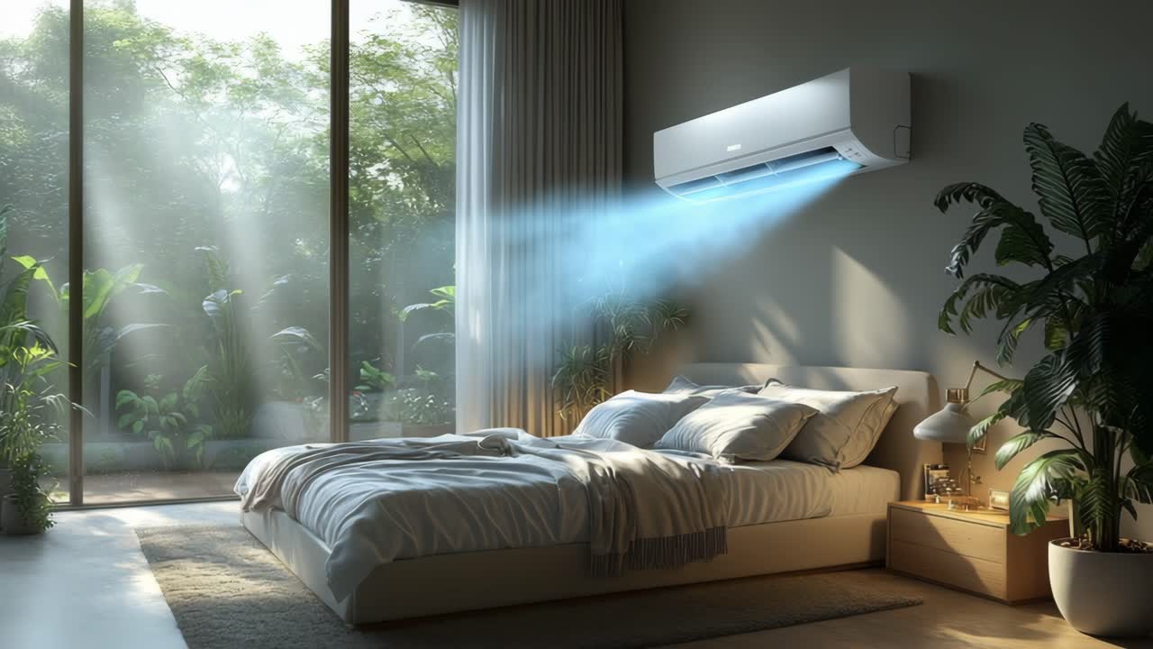 Cozy room with A/C and light. Comfortable bedroom features an air conditioning unit, soft bedding, and natural light streaming through large windows.