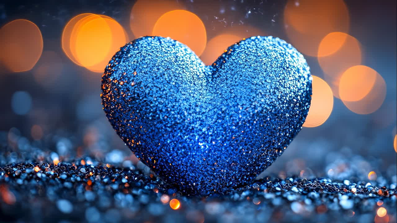 Sparkling blue heart on a shiny surface. A vibrant blue heart covered in glitter sits on a sparkling surface with a blurred background of warm lights