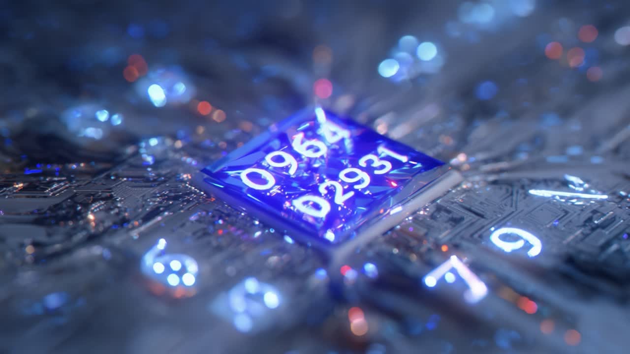 Advanced cpu on a circuit board processing big data with glowing blue light, illustrating concepts of artificial intelligence, high tech computing, and future technological innovation
