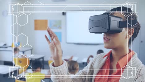 Animation-of-digital-screen-over-smiling-biracial-female-teacher-using-vr-headset