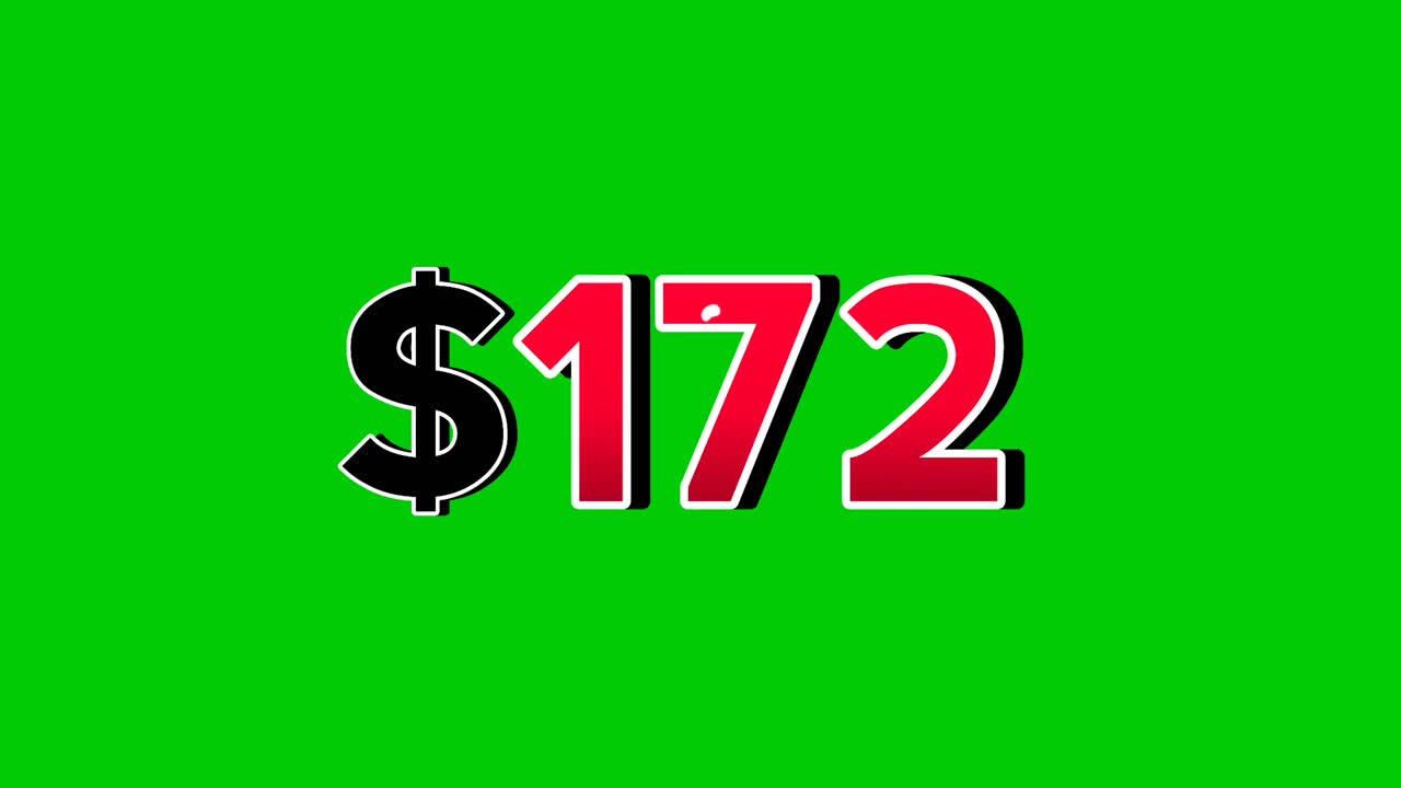 Animation number $172 dollar sign motion graphics with smoke effect green screen background vibrant red numbers. Video 3D effect with shadows for video elements business concept