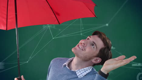 animation of businessman with red umbrella and networks of connections on green background