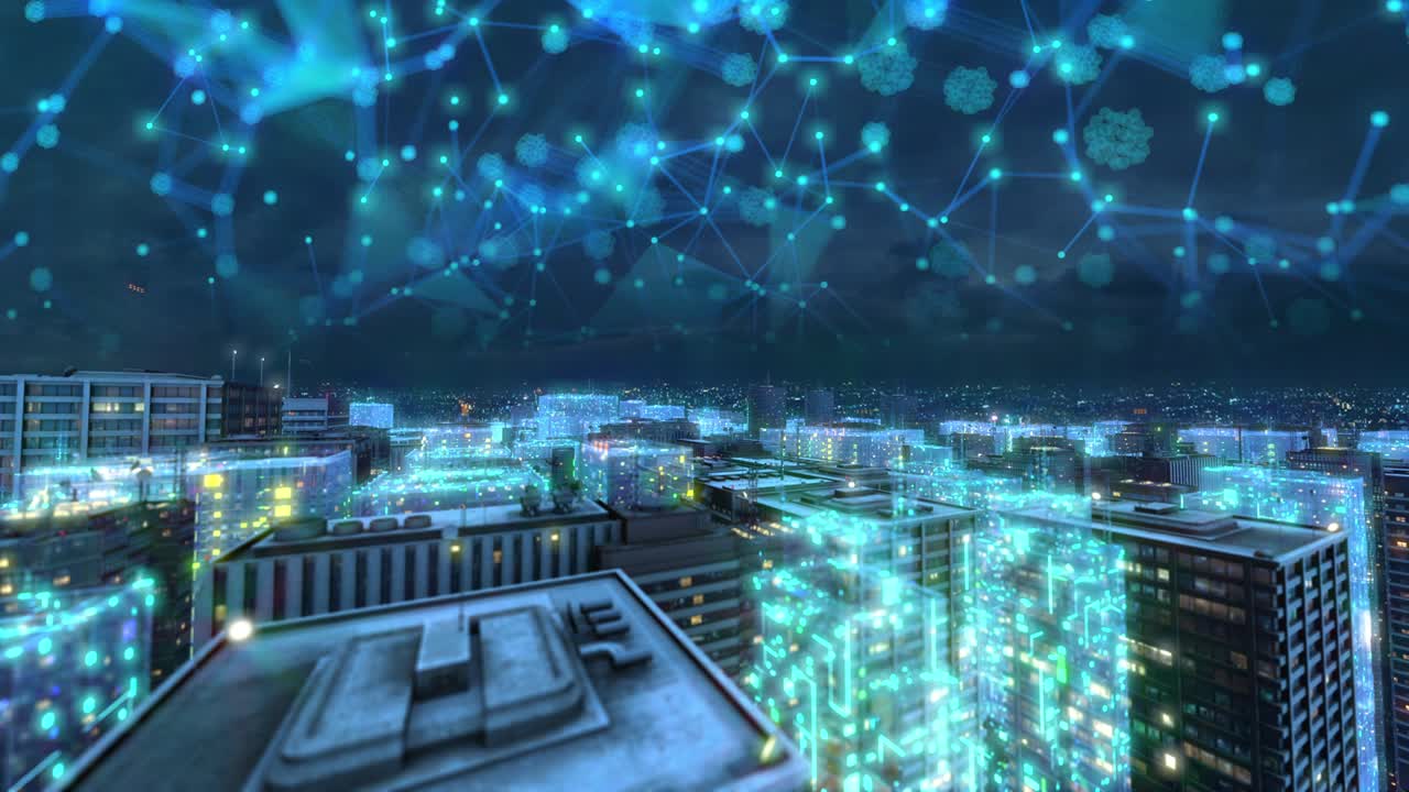 futura città intelligente spazi cibernetici edifici animazione paesaggistica