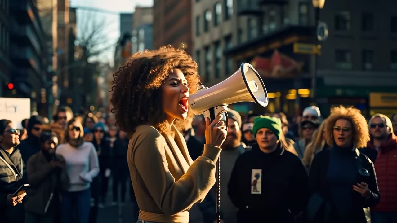Un video dinamico di una protesta di strada cattura una donna con un megafono di profilo