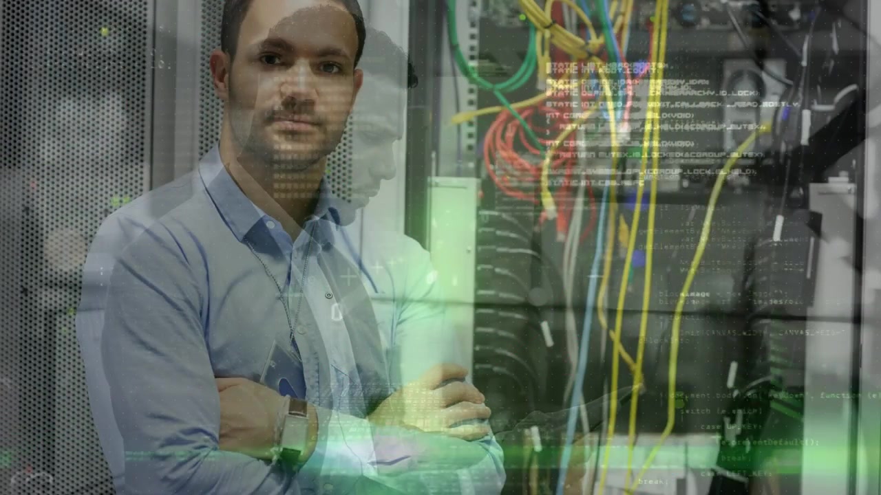 Animation of data processing over man in server room