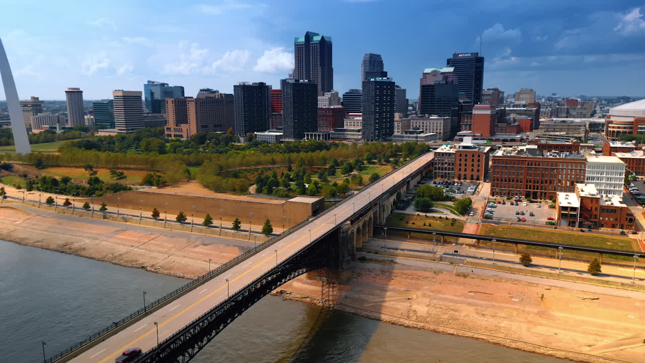 St. Louis, Missouri metropolitan area from the Illinois side of the Mississippi River. Footage above the bridge above the river