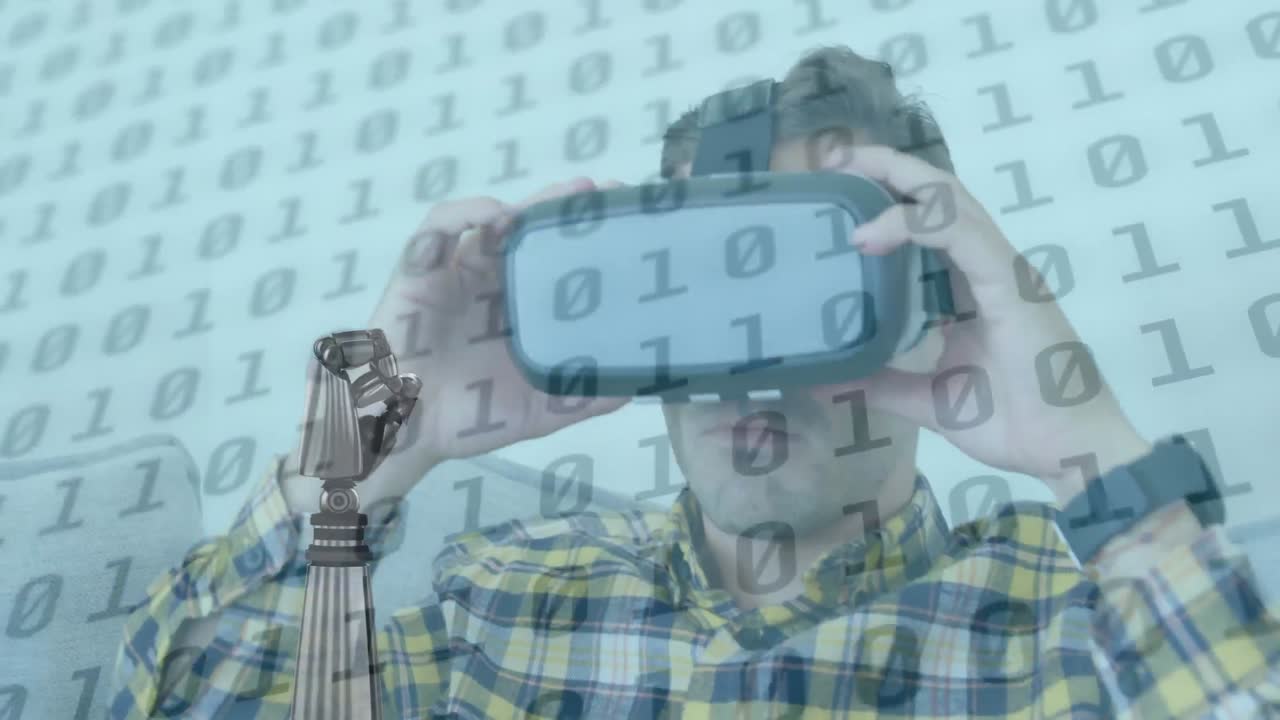 Animation of binary coding numbers changing over robot's arm and man wearing vr headset in backgroun