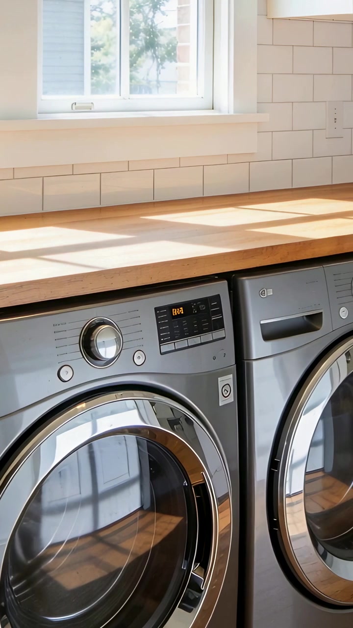 Verticale video: Wasmachine of droger start met centrifugeren van kleding in een wasruimte thuis, na het oplichten van de bedieningslampjes.
