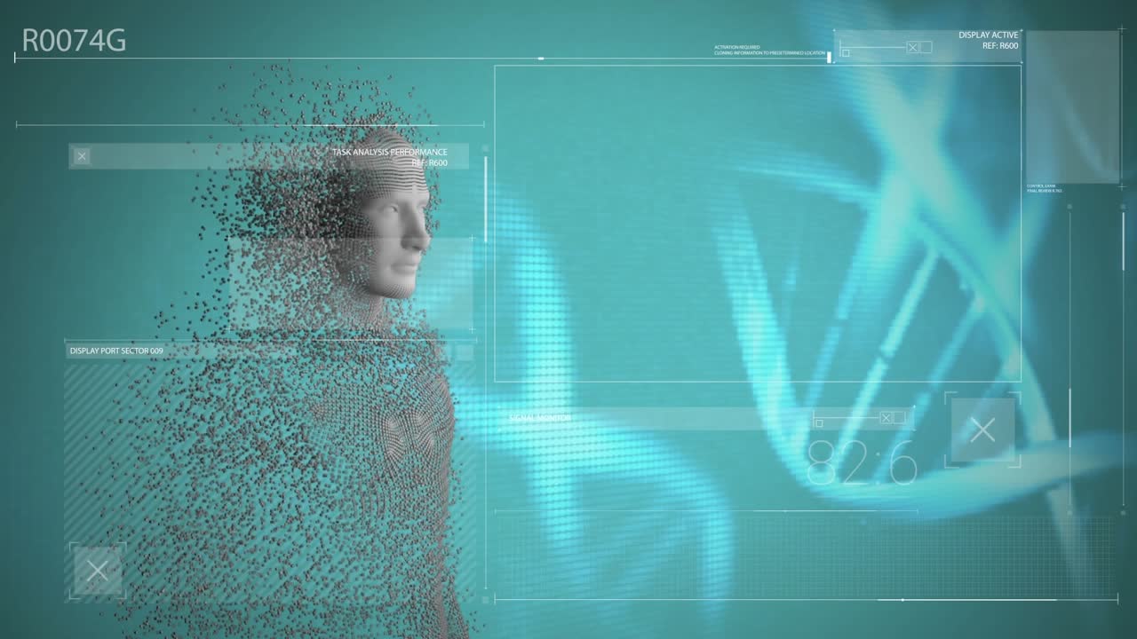 Animation of data processing with digital human over dna strand on green background