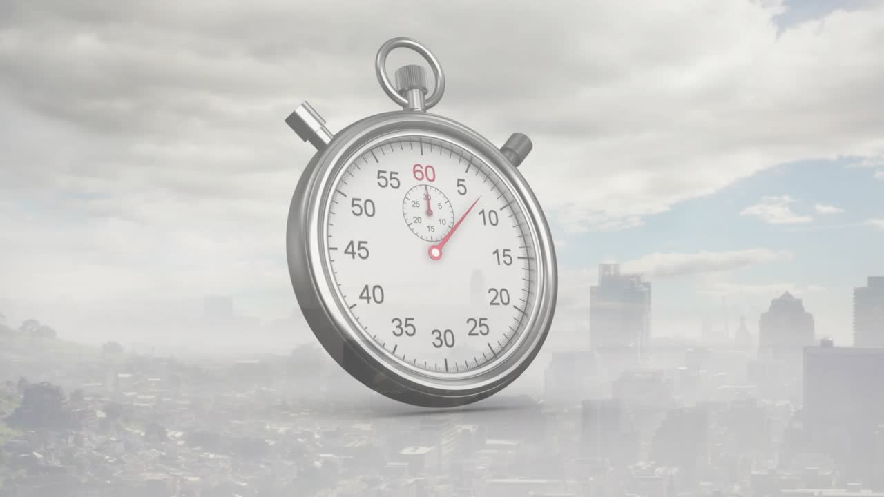 Countdown starting, mechanical stopwatch floating, tilting over hazy city, red hand moving to 15