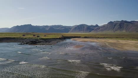 Aerial-Footage-of-Rare-Golden-Sandy-Beach-and-Calm-Waves-During-Sunny-Summer-In-Snaefellsness-Peninsula,-Iceland