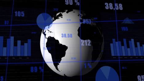 animation of statistical data processing over spinning globe against black background