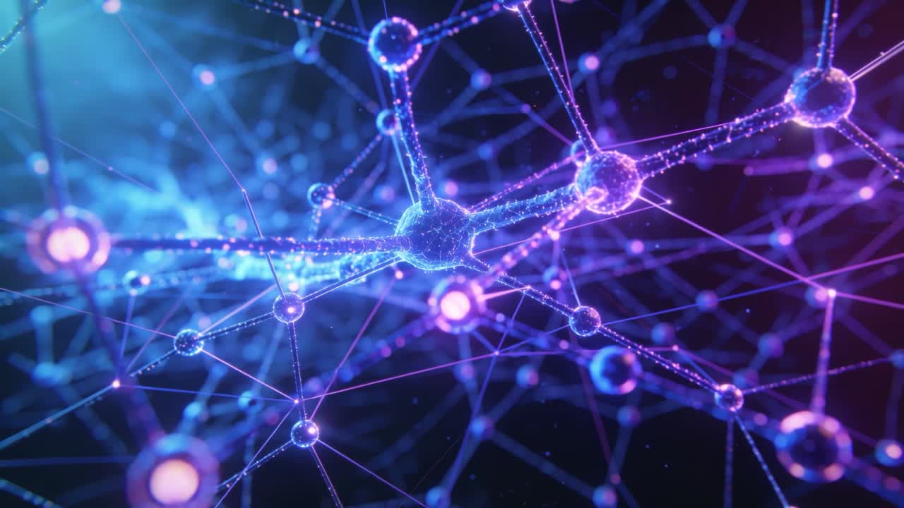 Shifting camera showing central node pulsing signals along links in dark void, cyan magenta glow
