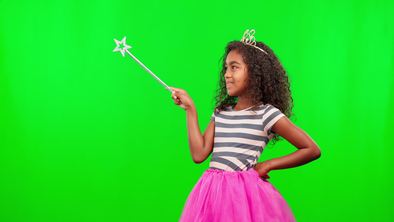 Face, green screen and girl with wand
