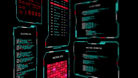Animation of digital data processing on screens over black background