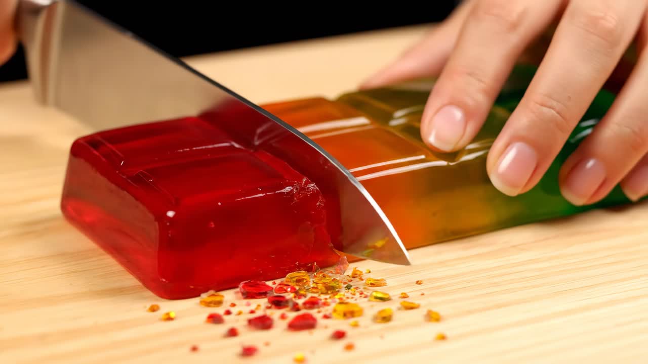 Cutting colorful jello dessert with a knife