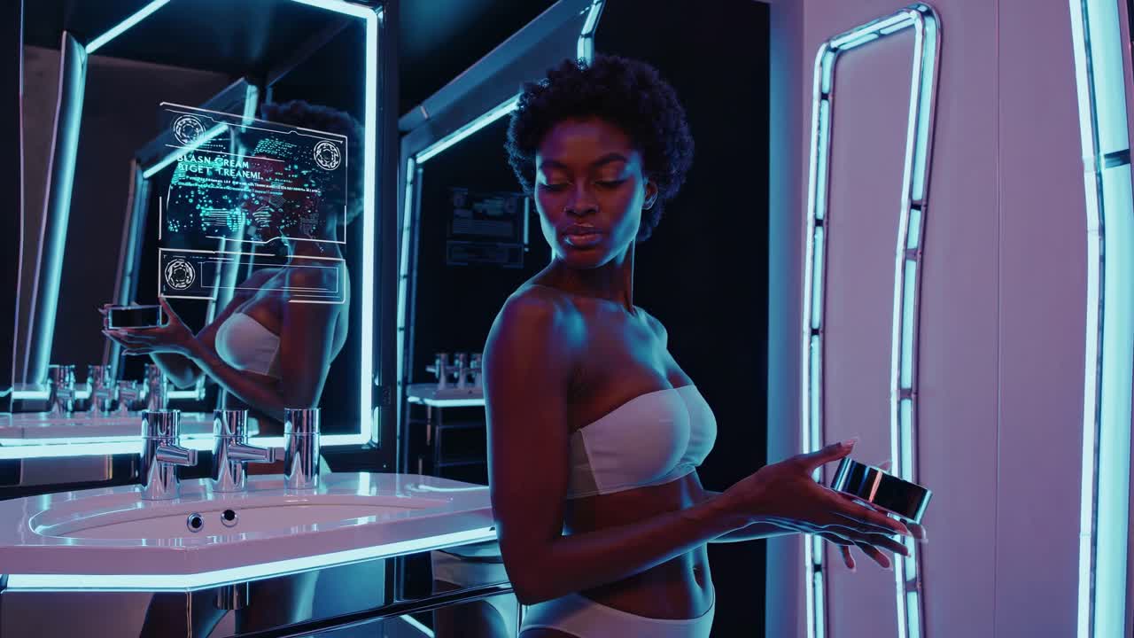Woman Applying Skincare in a Futuristic Bathroom