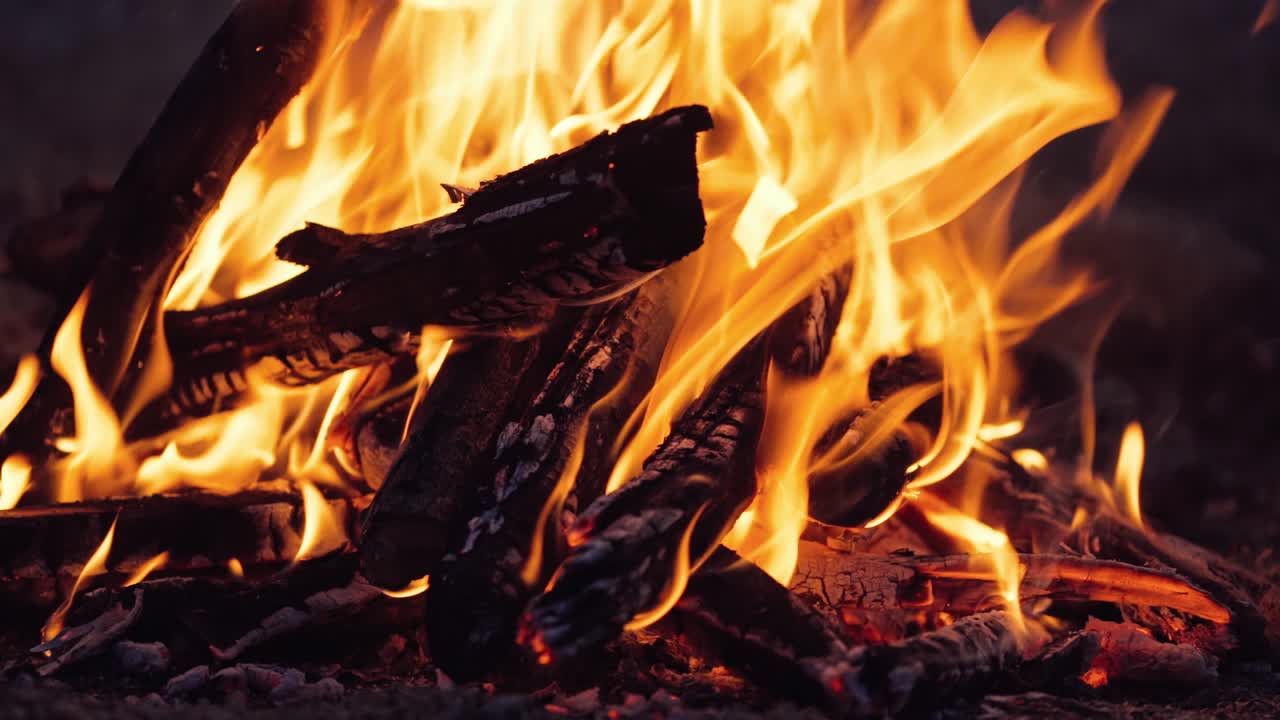 Burning fire. Bonfire. Closeup of flames burning on black background, slow motion