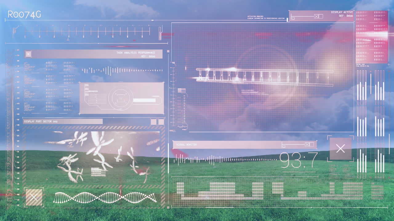 animación de diversos datos en una pantalla digital sobre el paisaje