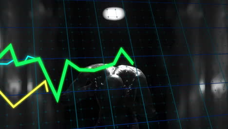in ring, boxer with financial graph animation overlay, symbolizing economic struggle