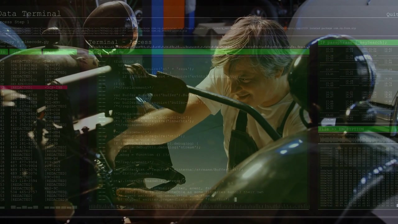 Mechanic leaning over motorcycle inspecting chain and turning bolt while HUD showing tuning data