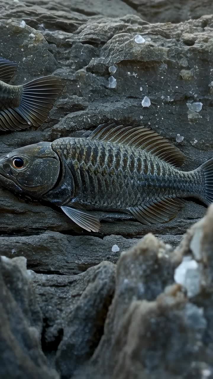Video verticale: vista che si allontana rivelando un pesce piatto immobile su una mensola di roccia per mostrare il sale
