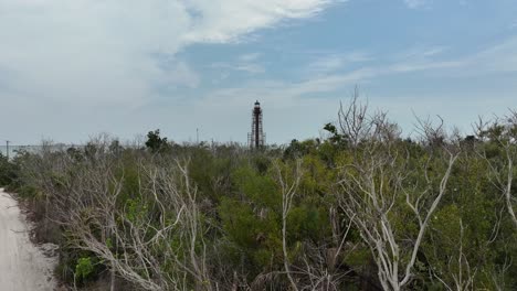 drone view of sanibel lighthouse being repaired post hurricane ian