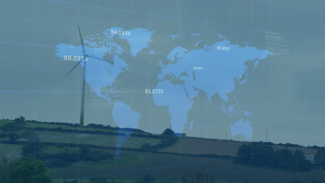 Renewable energy data being visualized over rolling fields, with wind turbine and map overlay