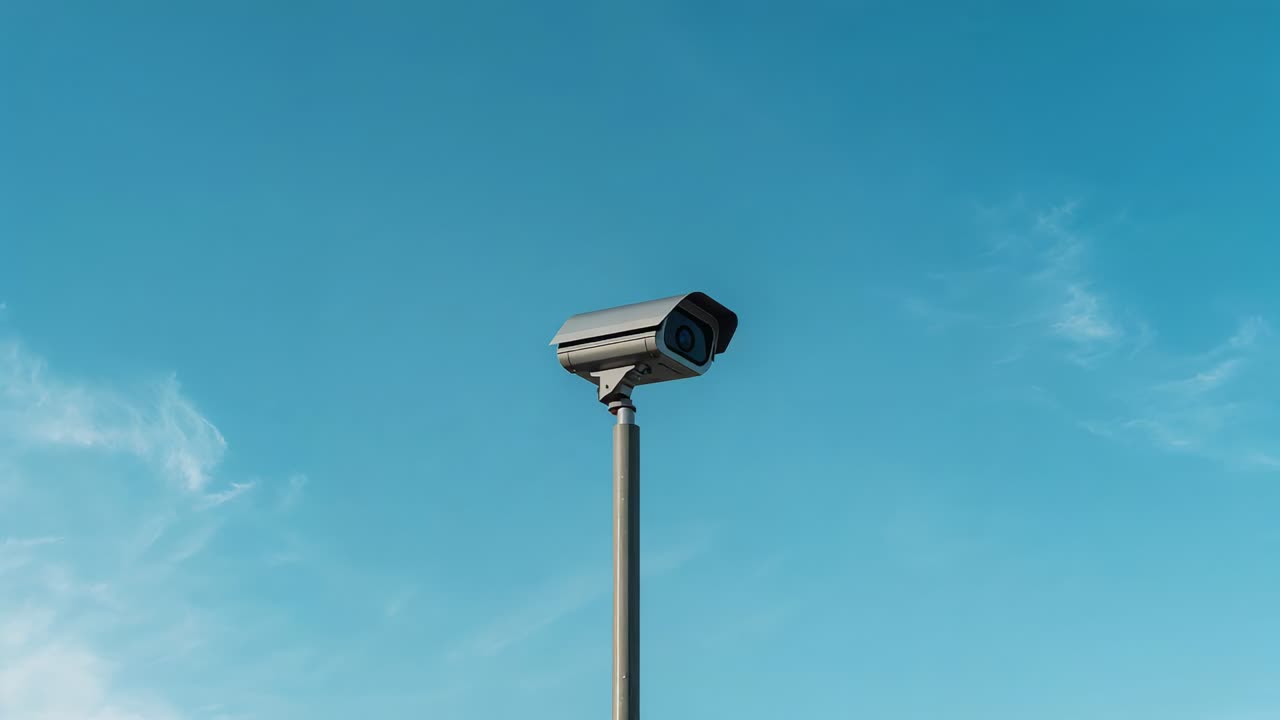 Testa della telecamera di sicurezza rotante che risponde alla sequenza di inquadratura, regolando la visuale tramite l'obiettivo su un palo alto
