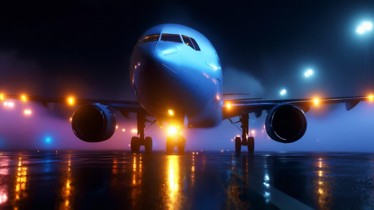 A striking capture of a modern aircraft illuminated by intense ground lights, showcasing its sleek design and powerful presence against a dramatic foggy backdrop at night, emphasizing the beauty of aviation