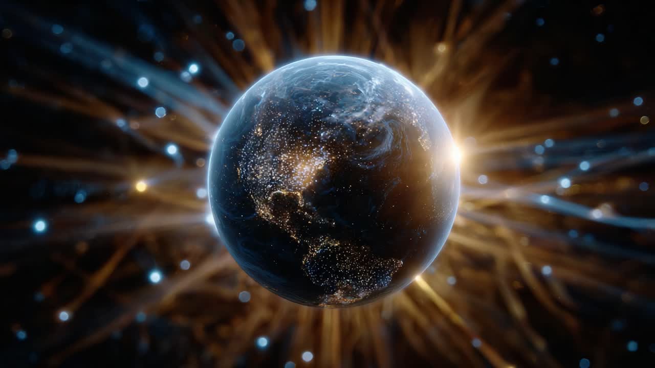 Una splendida immagine della Terra circondata da un'energia cosmica radiosa, che mette in risalto le vivaci luci della città e la bellezza naturale in un paesaggio celeste scintillante