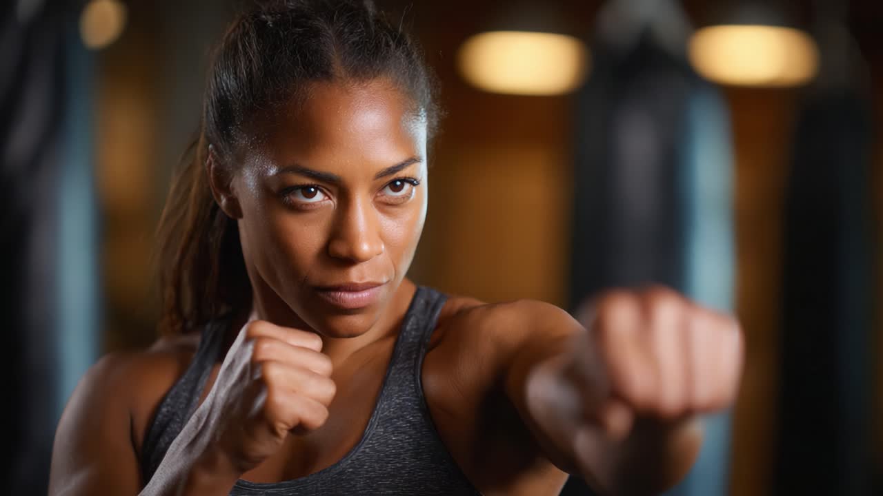 Atleta concentrado demostrando un golpe potente en una sesión de entrenamiento, mostrando fuerza, determinación y compromiso con el fitness en un entorno de boxeo dinámico.