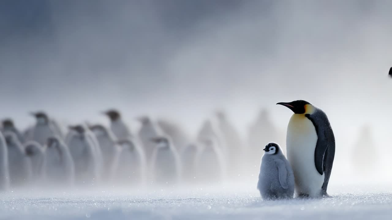 Emperor Penguins and Their Chicks in a Winter Wonderland: A Stunning Display of Parental Care and Survival Amidst the Harsh, Snowy Landscape of Their Natural Habitat