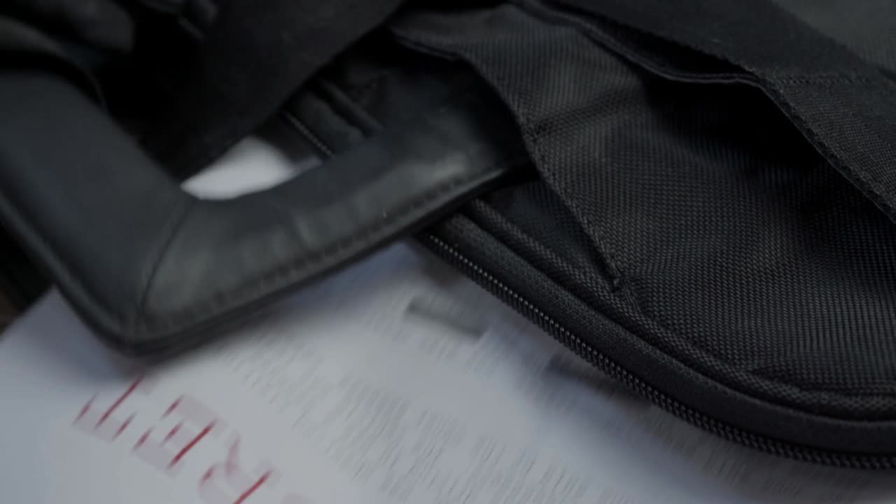 guante negro tirando de un documento de alto secreto que contiene información clasificada del maletín