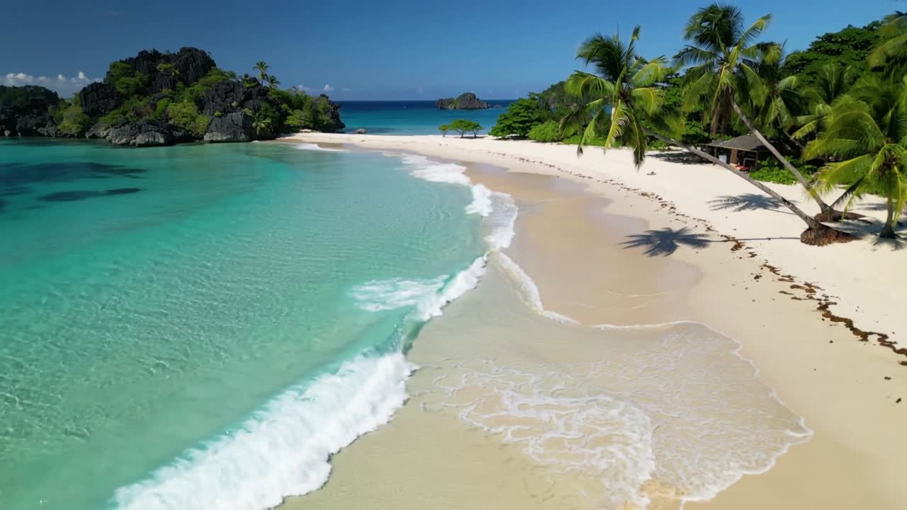 Ondulação do mar avançando pela costa e ondas quebrando ao longo de uma praia em forma de crescente, com mar turquesa e palmeiras