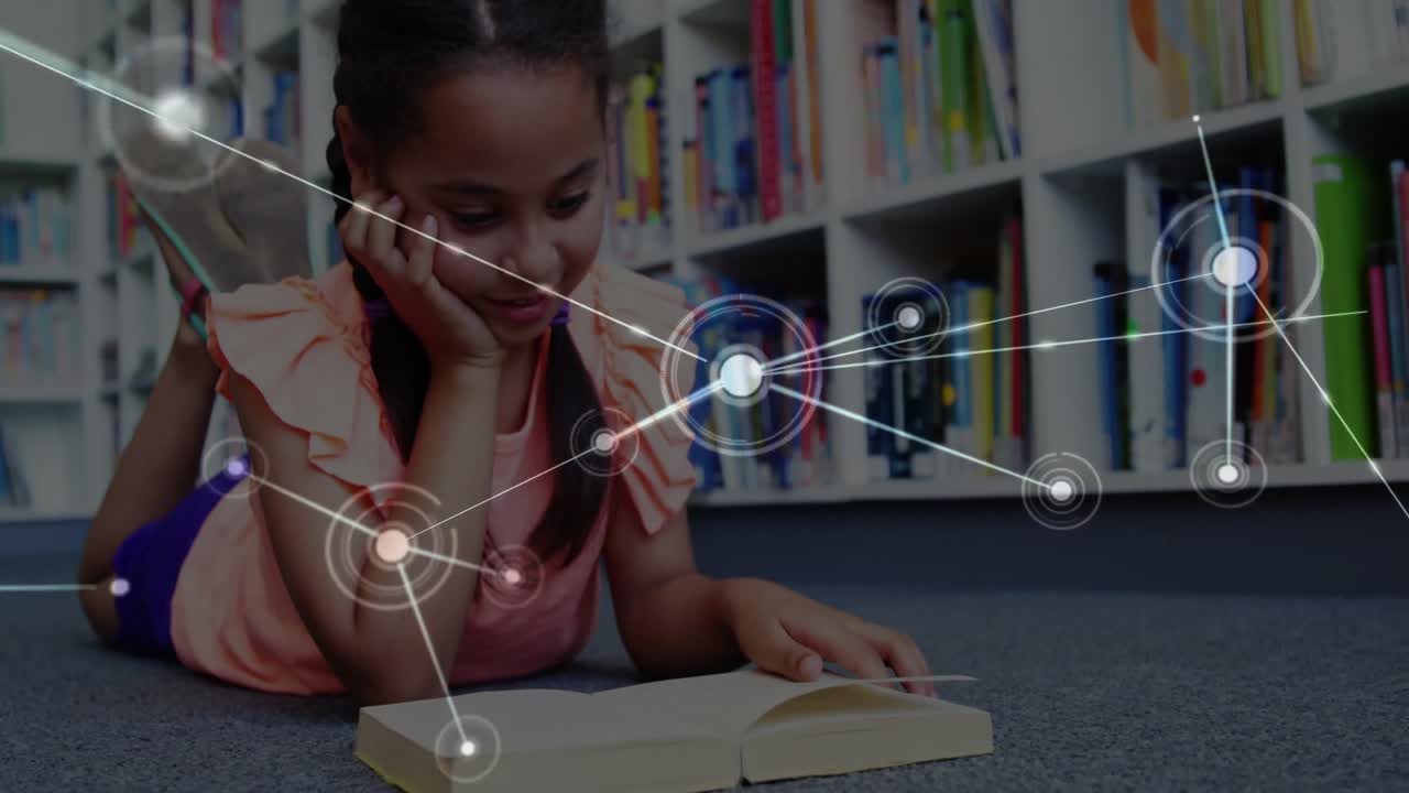 Menina abrindo livro e lendo em tapete de biblioteca, animando nós, linhas ilustrando rede de educação.