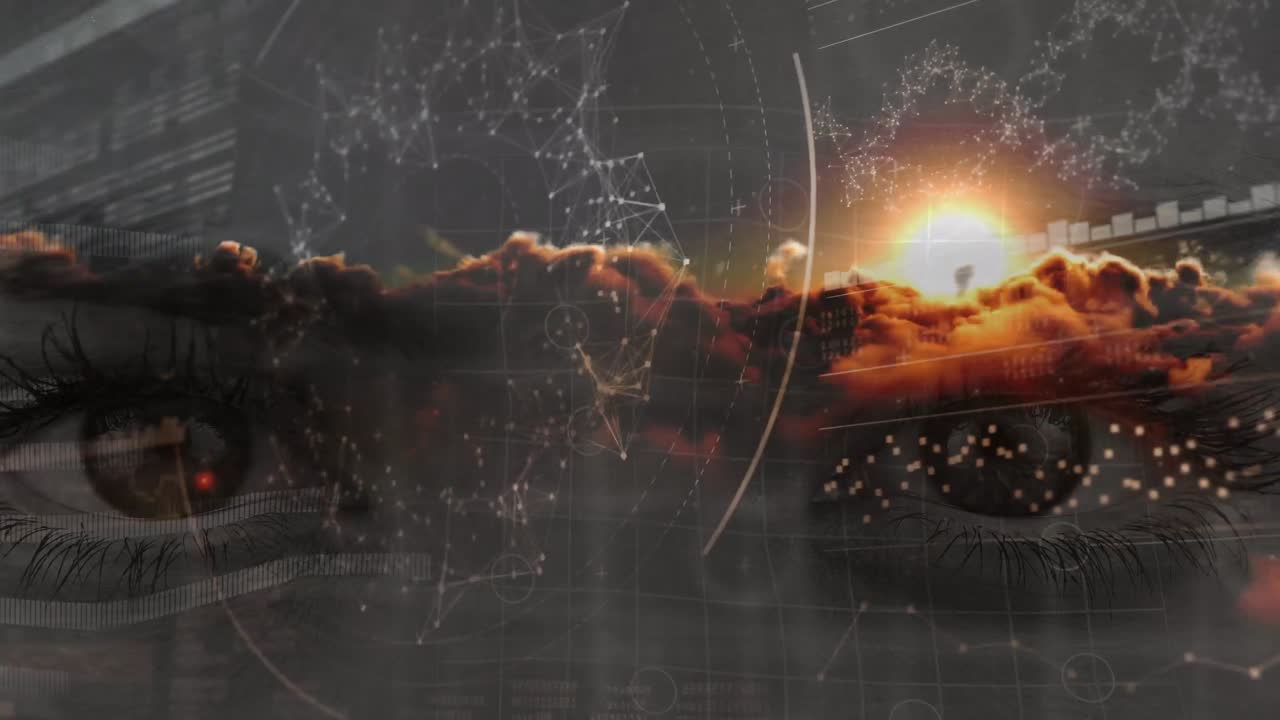 Animation of digital data, connections and sunset over woman eye