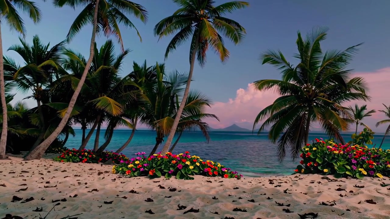 Praia Tropical Vibrante com Palmeiras, Flores Coloridas e Oceano Turquesa