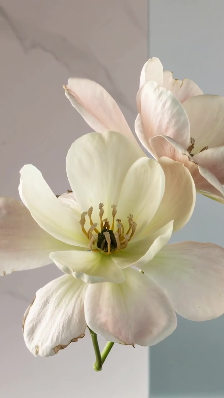 Video verticale: Ripresa in allontanamento che mostra fiori rosa pallido su sfondo da studio, rivelando stelo e bocciolo.