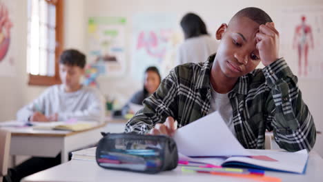 classroom, frustrated and boy sad over test fail