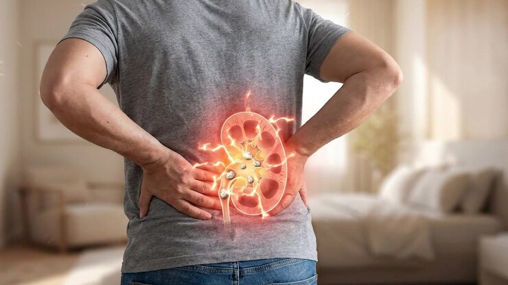 Healthcare pain visualization showing a man holding his lower back with the affected area highlighted in a clear symptom concept