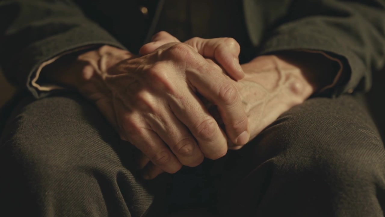 Camera holding close-up, senior hands shifting and tightening on lap with jacket cuff while waiting