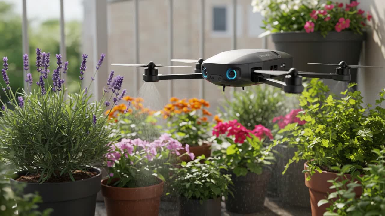 A Drone Spraying Plants: Advanced Technology in Home Gardening with a Focus on Efficient Care and Maintenance of Flowers and Herbs on a Balcony