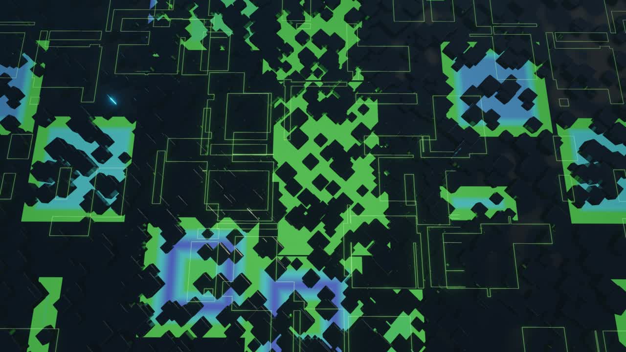Hi tech pattern on plane surface, neon glow, complex elements and structure. 3d objects form sci fi composition on surface 3d pattern. Information technology, futuristic hardware. 4k looped animation