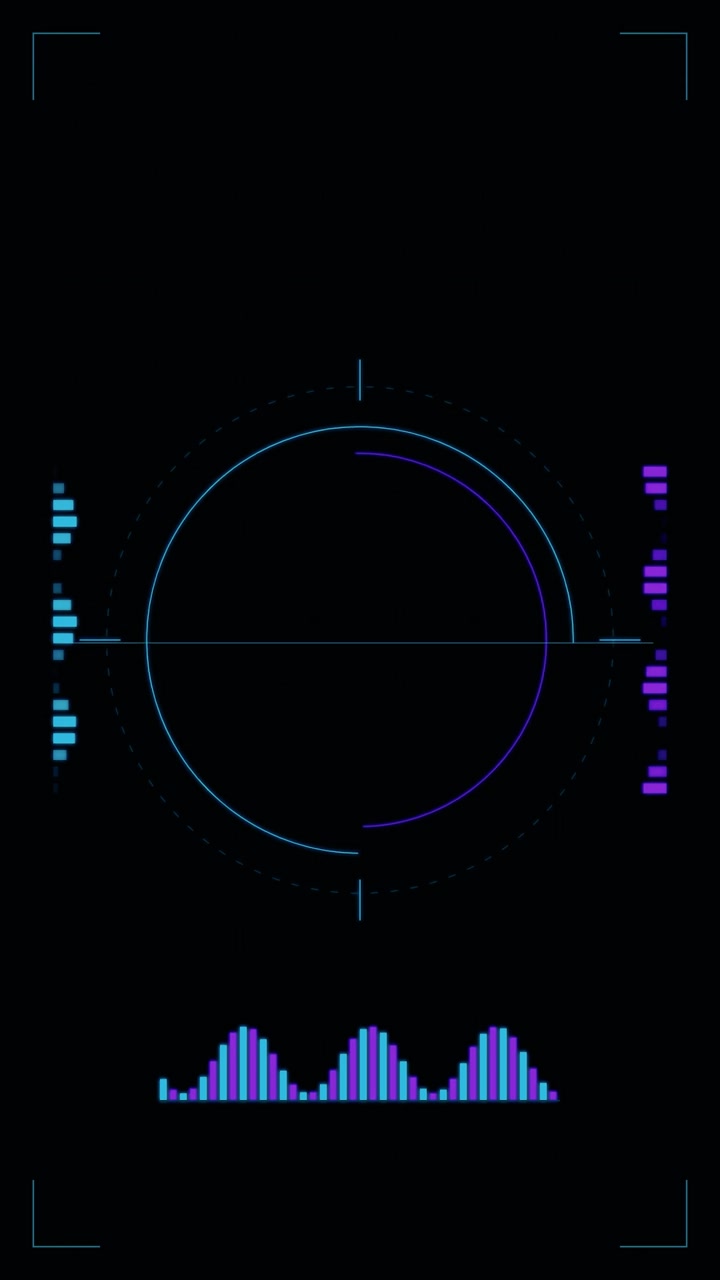Futuristic Digital HUD Interface with Rotating Circular Scanner and Audio Waveform